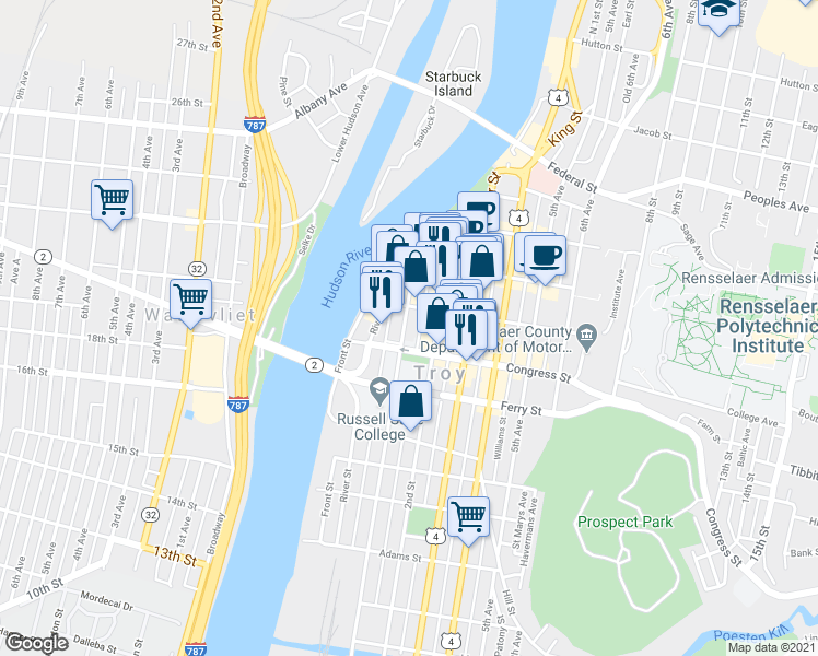 map of restaurants, bars, coffee shops, grocery stores, and more near 51 1st Street in Troy