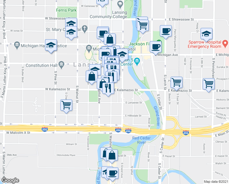 map of restaurants, bars, coffee shops, grocery stores, and more near 419 South Washington Square in Lansing