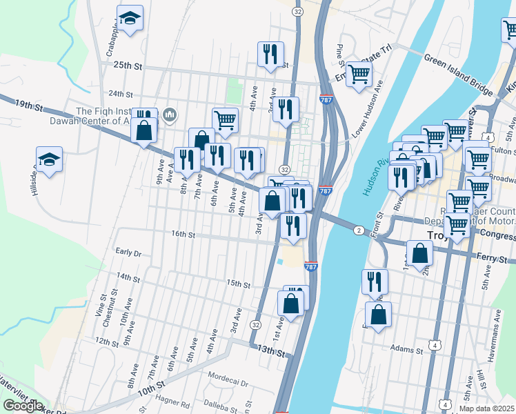 map of restaurants, bars, coffee shops, grocery stores, and more near 200 18th Street in Watervliet