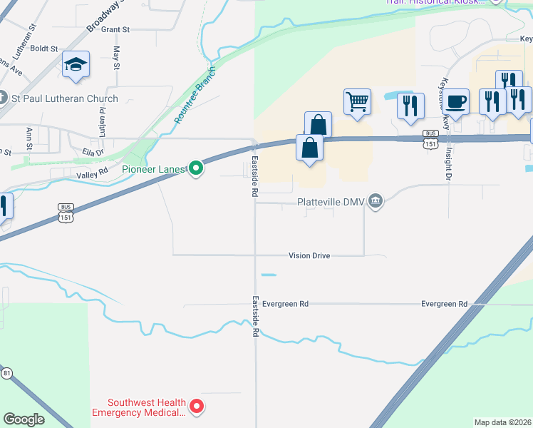 map of restaurants, bars, coffee shops, grocery stores, and more near 95 Means Drive in Platteville