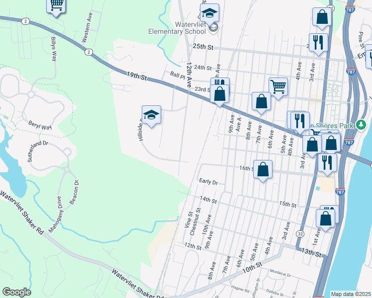 map of restaurants, bars, coffee shops, grocery stores, and more near 1610 12th Avenue in Watervliet