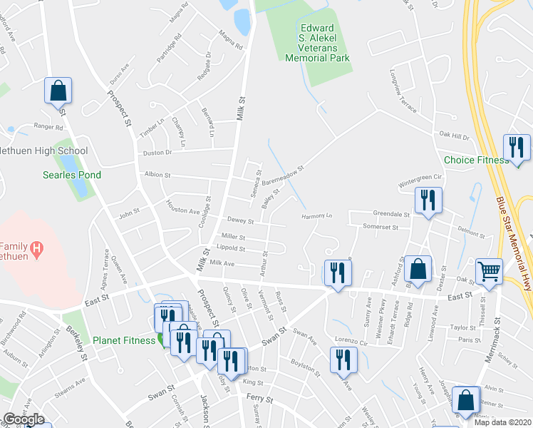 map of restaurants, bars, coffee shops, grocery stores, and more near 48 Arthur Street in Methuen