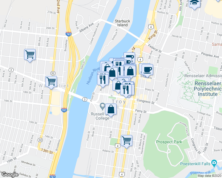 map of restaurants, bars, coffee shops, grocery stores, and more near 34 1st Street in Troy