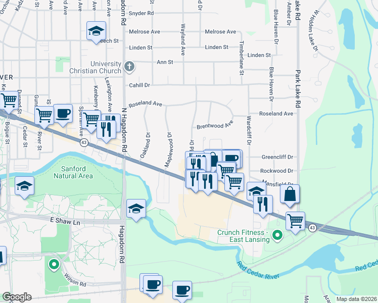 map of restaurants, bars, coffee shops, grocery stores, and more near 5117 East Brookfield Drive in East Lansing