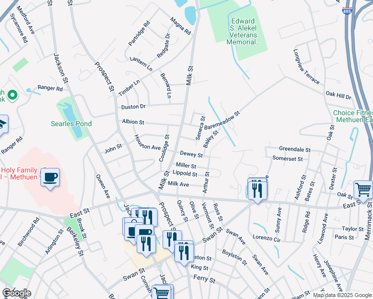 map of restaurants, bars, coffee shops, grocery stores, and more near 18 Linden Street in Methuen