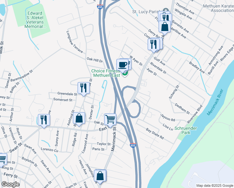 map of restaurants, bars, coffee shops, grocery stores, and more near Blue Star Memorial Highway in Methuen