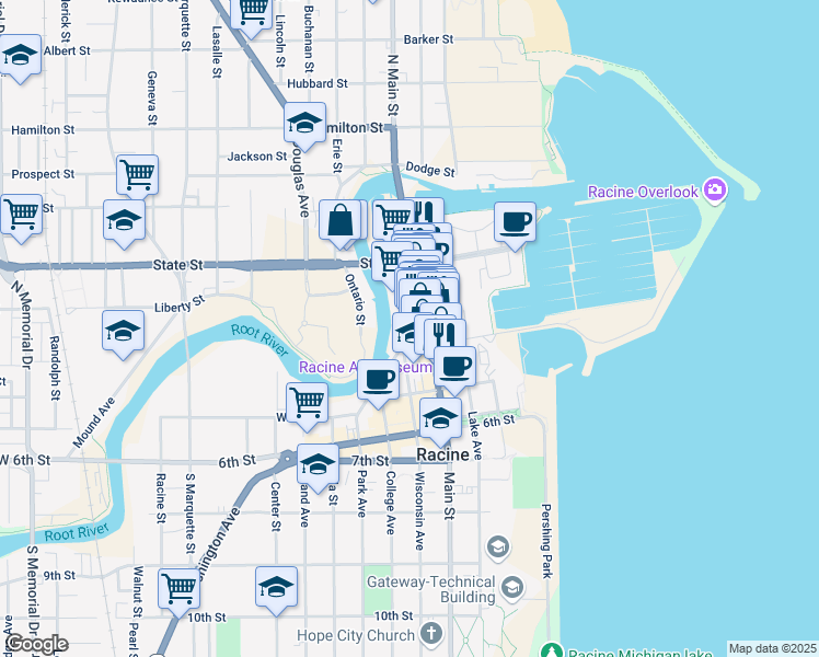 map of restaurants, bars, coffee shops, grocery stores, and more near 234 Wisconsin Avenue in Racine