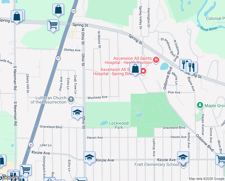 map of restaurants, bars, coffee shops, grocery stores, and more near 200 Oregon Street in Racine