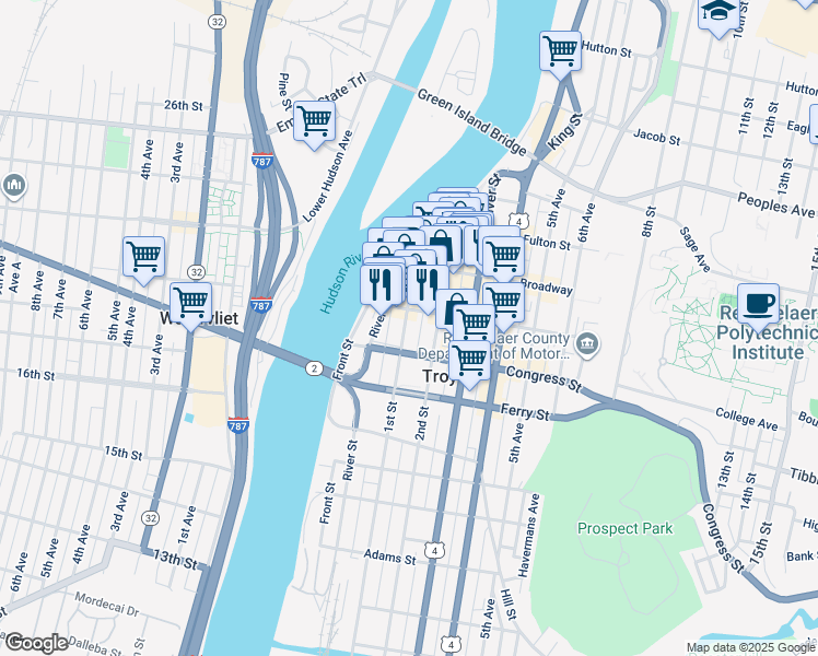 map of restaurants, bars, coffee shops, grocery stores, and more near 200 River Street in Troy