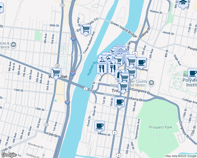 map of restaurants, bars, coffee shops, grocery stores, and more near 177 Front Street in Troy