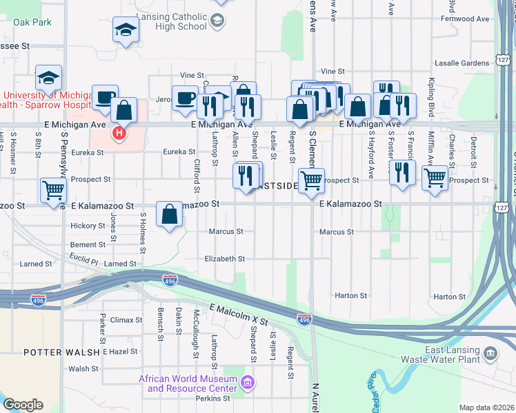 map of restaurants, bars, coffee shops, grocery stores, and more near 1629 East Kalamazoo Street in Lansing