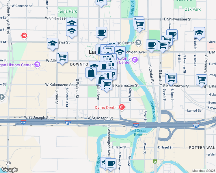 map of restaurants, bars, coffee shops, grocery stores, and more near 325 South Washington Square in Lansing