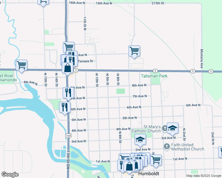 map of restaurants, bars, coffee shops, grocery stores, and more near 801-999 N 9th St in Humboldt