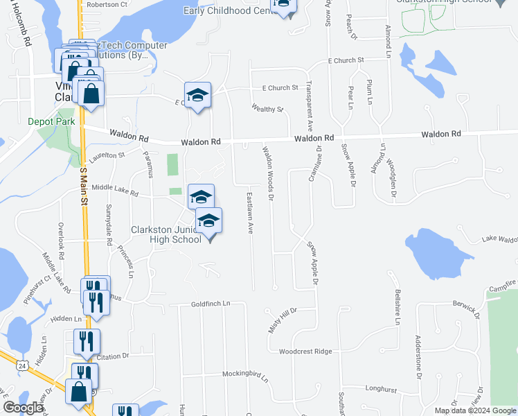 map of restaurants, bars, coffee shops, grocery stores, and more near 6340 Eastlawn Avenue in Clarkston
