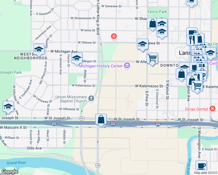 map of restaurants, bars, coffee shops, grocery stores, and more near 919 West Kalamazoo Street in Lansing