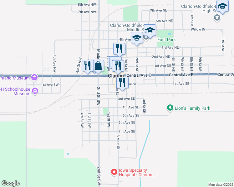 map of restaurants, bars, coffee shops, grocery stores, and more near 302 South Main Street in Clarion
