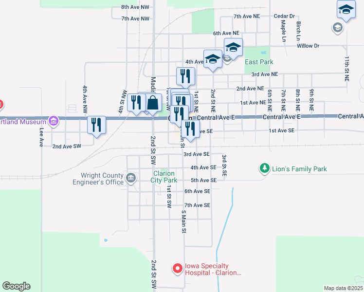 map of restaurants, bars, coffee shops, grocery stores, and more near 302 South Main Street in Clarion