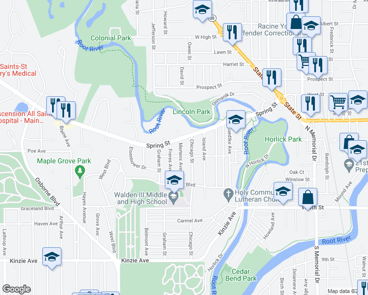 map of restaurants, bars, coffee shops, grocery stores, and more near 217 Mertens Avenue in Racine