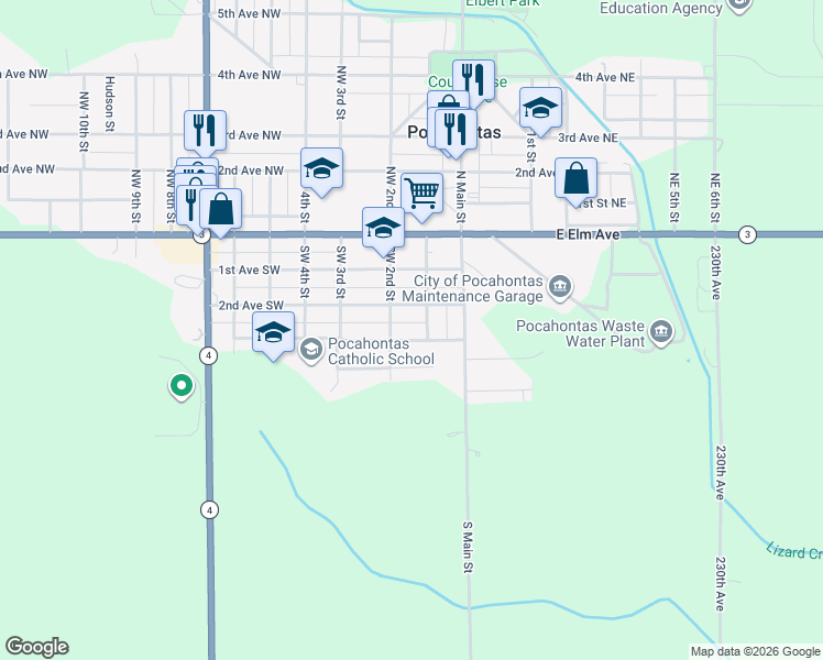 map of restaurants, bars, coffee shops, grocery stores, and more near 107 2nd Avenue Southwest in Pocahontas