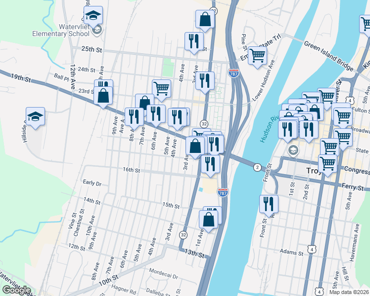 map of restaurants, bars, coffee shops, grocery stores, and more near in Watervliet
