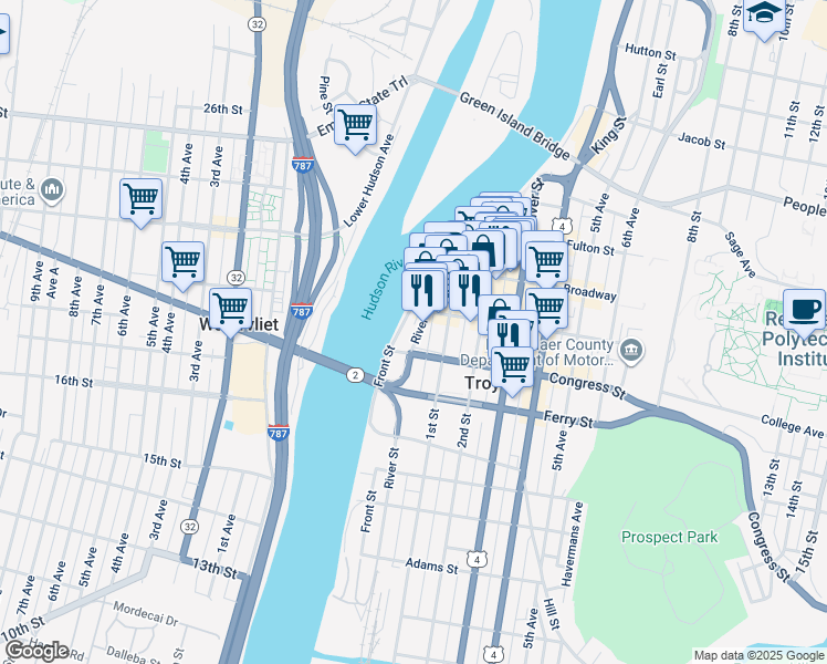 map of restaurants, bars, coffee shops, grocery stores, and more near 177 Front Street in Troy