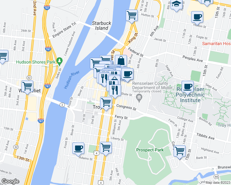 map of restaurants, bars, coffee shops, grocery stores, and more near 4th St & State St in Troy