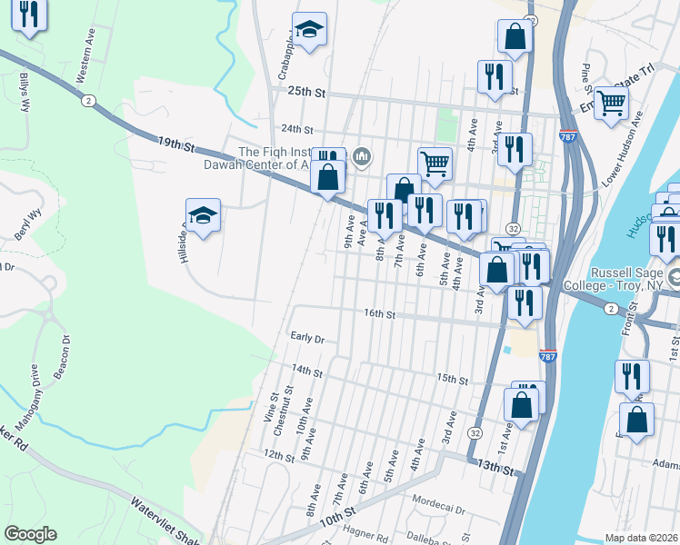 map of restaurants, bars, coffee shops, grocery stores, and more near 1804 Avenue B in Watervliet
