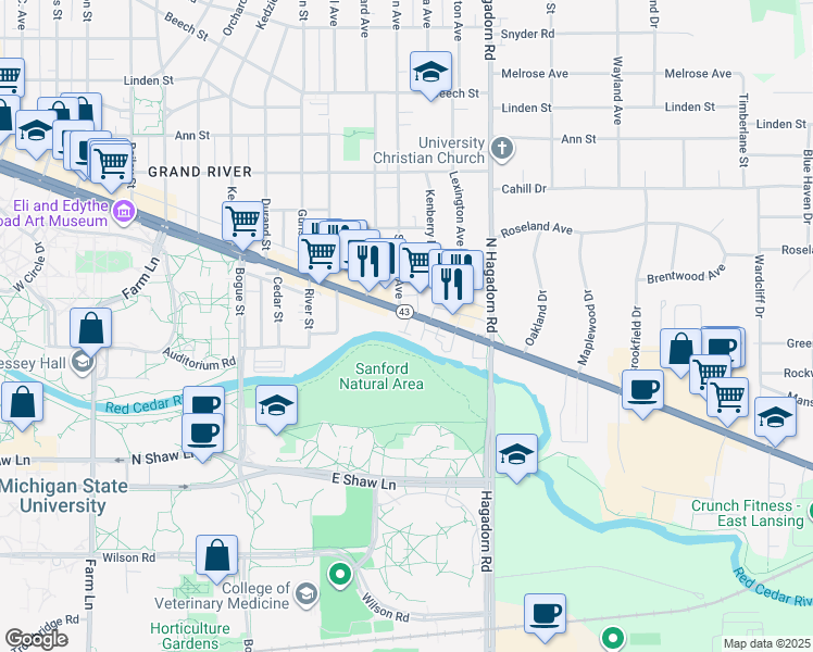 map of restaurants, bars, coffee shops, grocery stores, and more near 1331 East Grand River Road in East Lansing