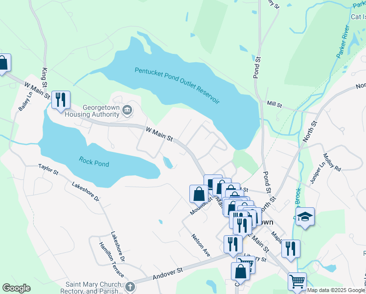 map of restaurants, bars, coffee shops, grocery stores, and more near 122 West Main Street in Georgetown