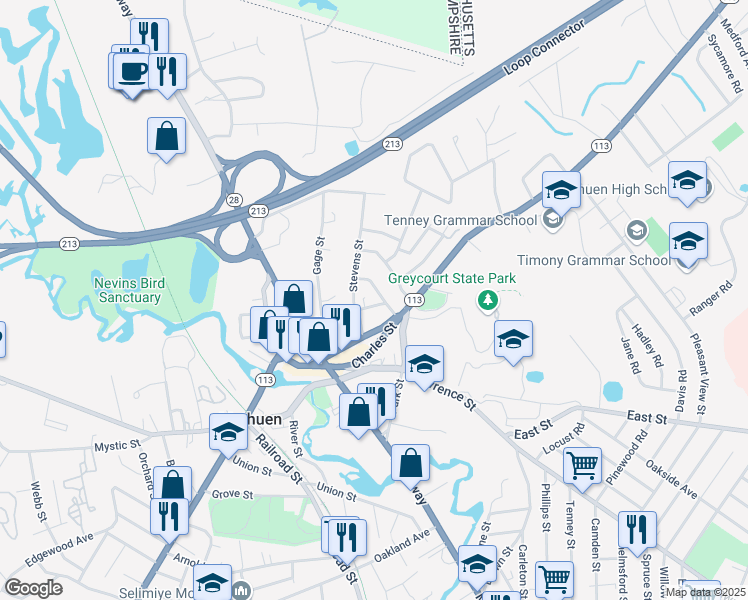 map of restaurants, bars, coffee shops, grocery stores, and more near 50 High Street in Methuen