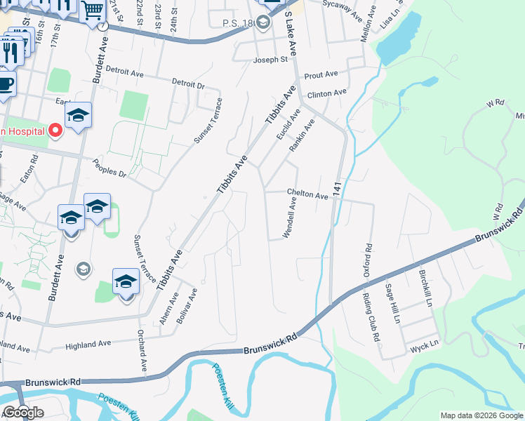 map of restaurants, bars, coffee shops, grocery stores, and more near 87 Euclid Avenue in Troy