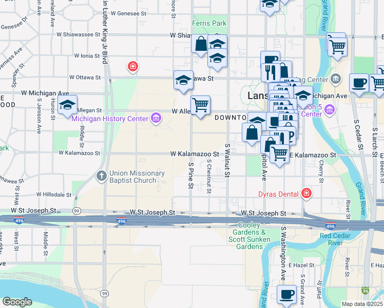map of restaurants, bars, coffee shops, grocery stores, and more near in Lansing