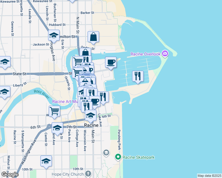 map of restaurants, bars, coffee shops, grocery stores, and more near in Racine