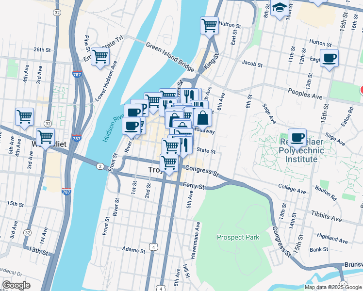 map of restaurants, bars, coffee shops, grocery stores, and more near 90 4th Street in Troy