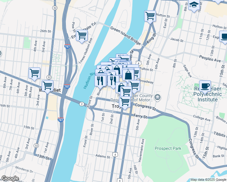 map of restaurants, bars, coffee shops, grocery stores, and more near 33 2nd Street in Troy