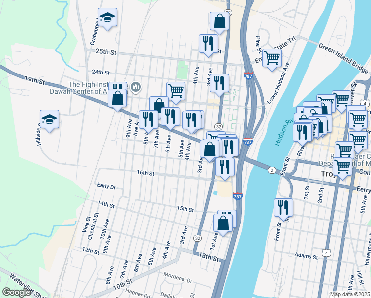 map of restaurants, bars, coffee shops, grocery stores, and more near 1841 4th Avenue in Watervliet