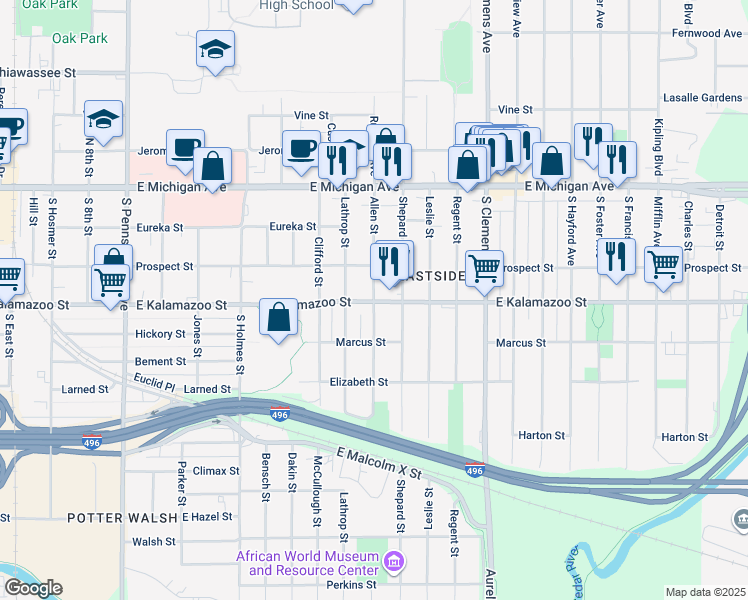 map of restaurants, bars, coffee shops, grocery stores, and more near 311 Lathrop Street in Lansing