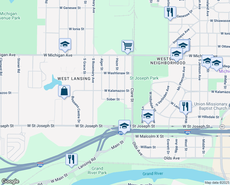 map of restaurants, bars, coffee shops, grocery stores, and more near 2510 West Kalamazoo Street in Lansing