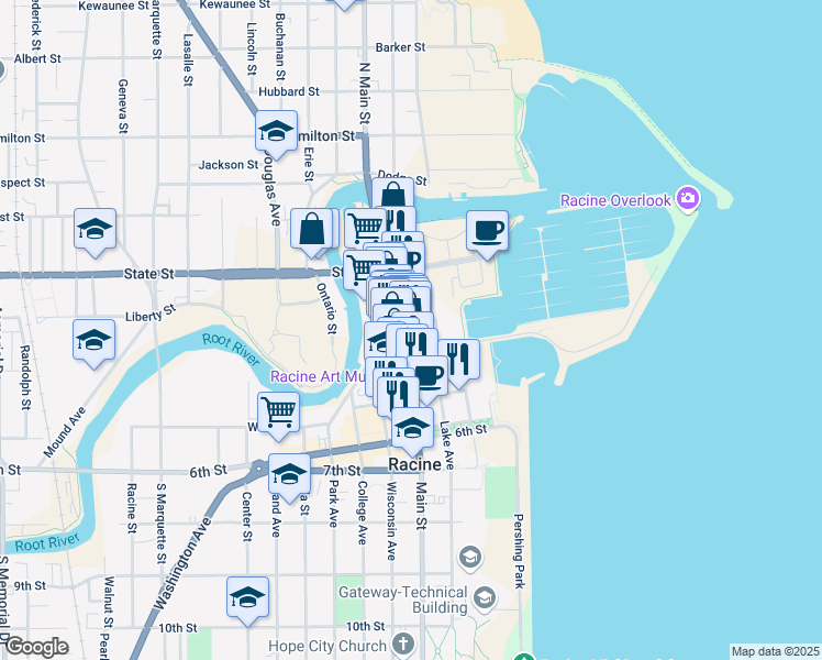 map of restaurants, bars, coffee shops, grocery stores, and more near 305 Main Street in Racine