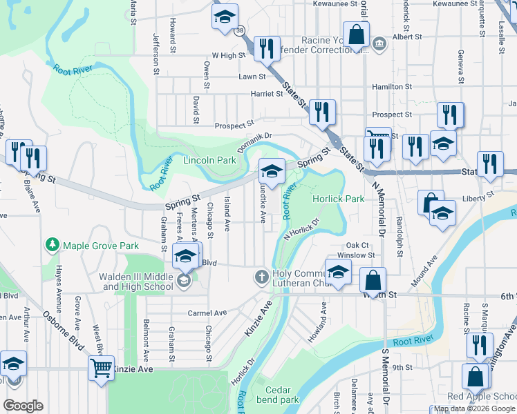 map of restaurants, bars, coffee shops, grocery stores, and more near 228 Luedtke Avenue in Racine