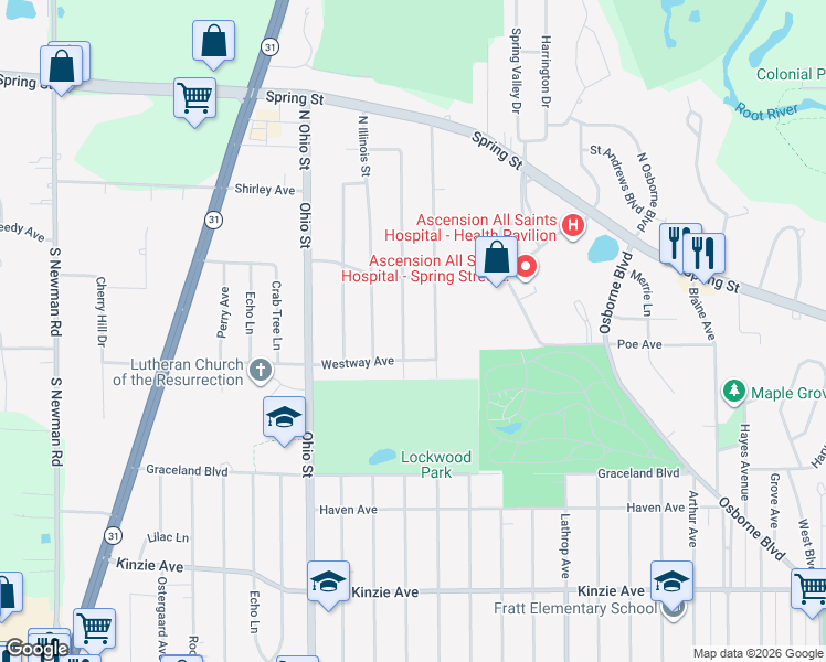map of restaurants, bars, coffee shops, grocery stores, and more near 200 Oregon Street in Racine
