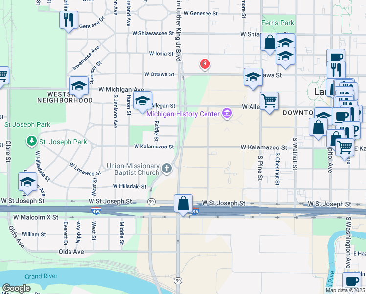 map of restaurants, bars, coffee shops, grocery stores, and more near S Martin Luther King Jr Blvd & W Kalamazoo St in Lansing