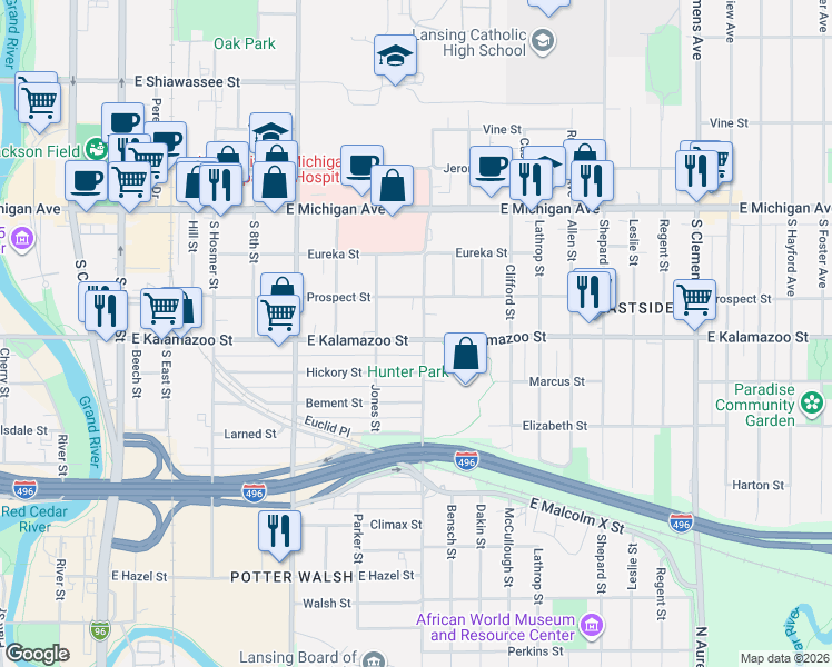 map of restaurants, bars, coffee shops, grocery stores, and more near 1216 Prospect Street in Lansing