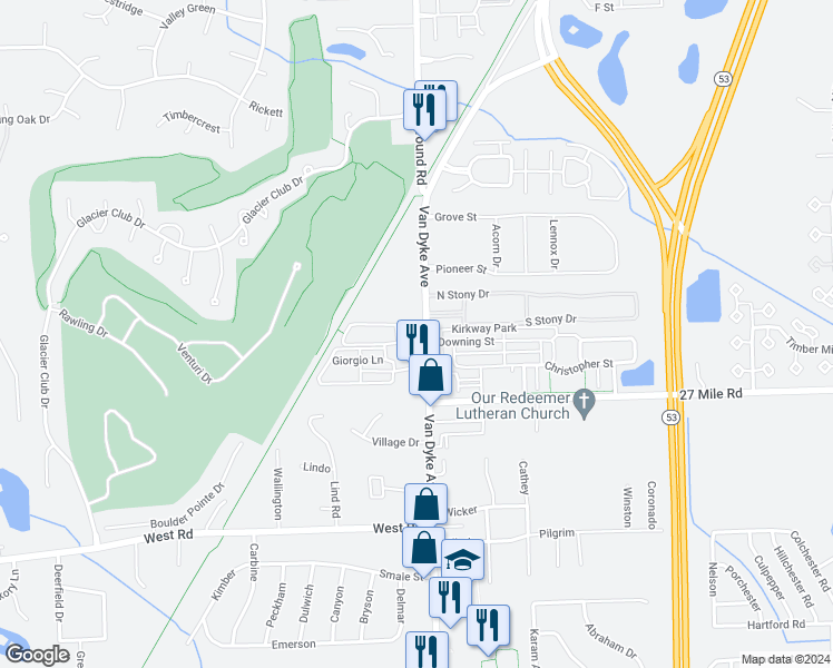 map of restaurants, bars, coffee shops, grocery stores, and more near 59253 Van Dyke Avenue in Washington