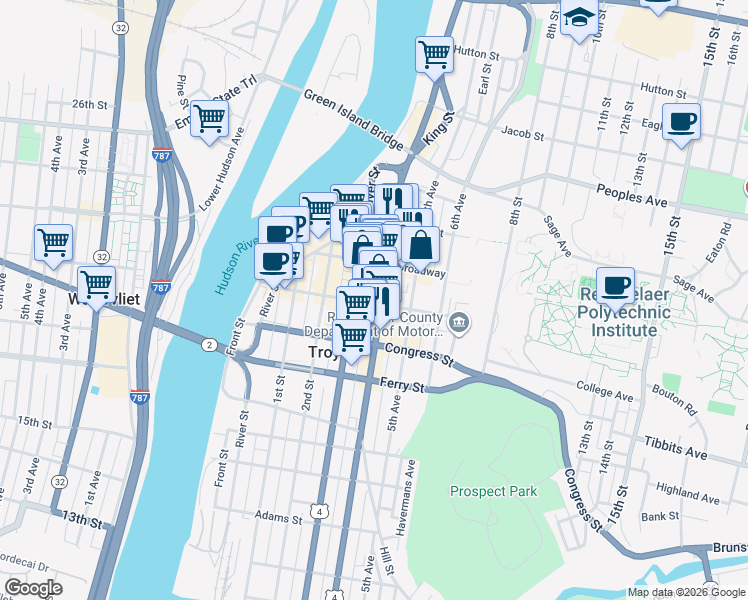 map of restaurants, bars, coffee shops, grocery stores, and more near 33 State Street in Troy