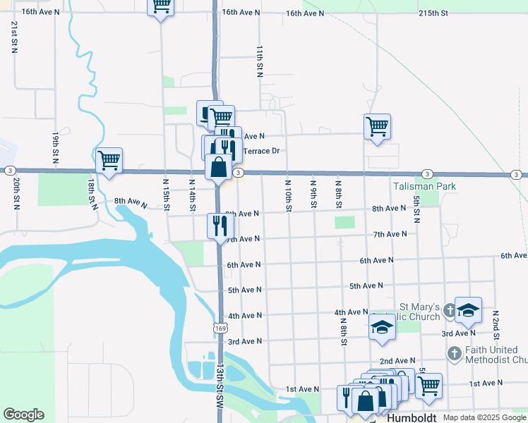 map of restaurants, bars, coffee shops, grocery stores, and more near 805 North 11th Street in Humboldt