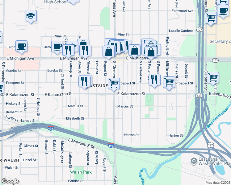 map of restaurants, bars, coffee shops, grocery stores, and more near 313 South Clemens Avenue in Lansing