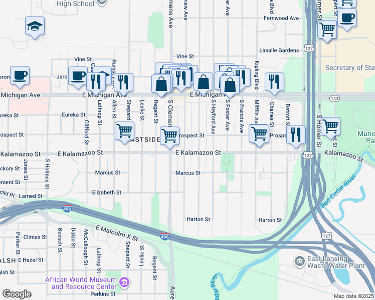 map of restaurants, bars, coffee shops, grocery stores, and more near 327 South Fairview Avenue in Lansing