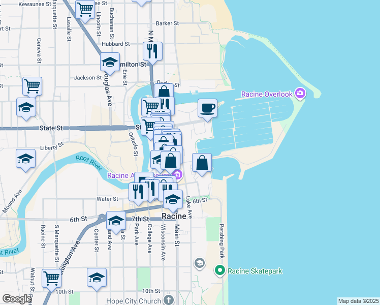 map of restaurants, bars, coffee shops, grocery stores, and more near 333 Lake Avenue in Racine