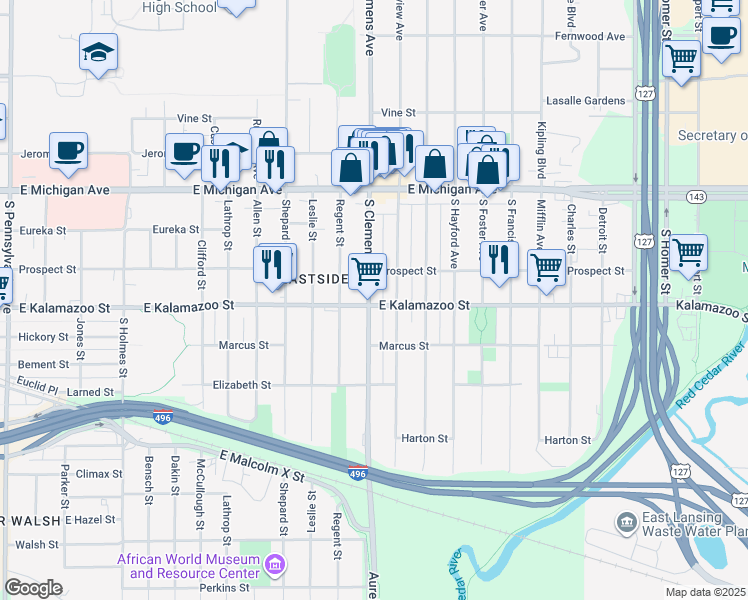 map of restaurants, bars, coffee shops, grocery stores, and more near 313 South Clemens Avenue in Lansing
